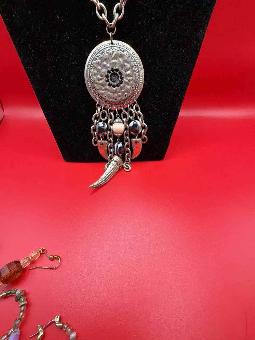 Boho Silver-Tone Multi-Chain Necklace With Ornate Medallion Pendants